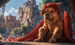a dog with a red cape on a city street