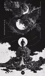 the album cover of dark shadows and clouds, with a man on top of the mountain