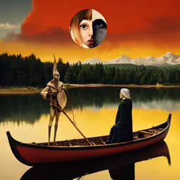 a painting showing a man in a canoe surrounded by a man with an antler on it,a painting of a woman in a boat with two figures on the boat and trees in the distance