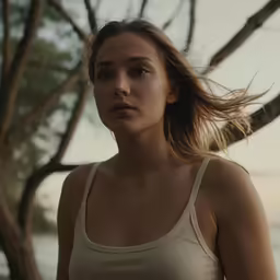 a girl is standing near the water and looking into the distance