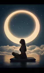 a woman sitting on top of a board looking at an eclipse