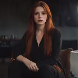 a woman in black sitting with her leg crossed