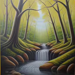 painting of a flowing stream in the woods,a painting is shown with green grass and trees,a painting with many trees in it, which looks like the scene in the woods,painting depicting a river surrounded by trees,a painting of a river in a forest