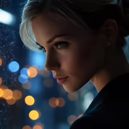 a woman with blonde hair wearing a topknot and looking off into the distance
