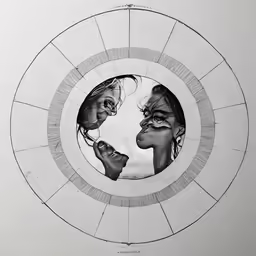 a drawing with two faces inside of a circle