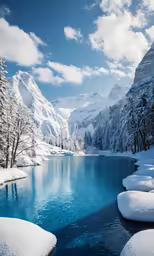 blue river with snow covered mountains in the background