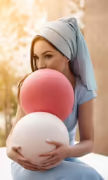 a woman with two ballon - like objects in her hands
