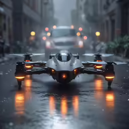 the flying car is driving down the wet road