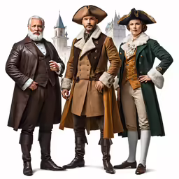 the four men are wearing uniforms with coats