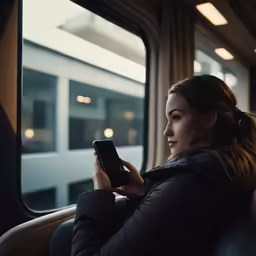 a woman looking at her cell phone as she travels by train