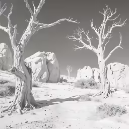 two barren trees sit in a desert