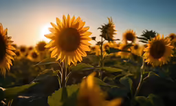 a sunflower is in the center of a field with the sun setting