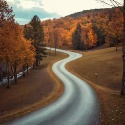 an empty winding road is in autumn with colorful trees and grass