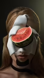 a woman covering her face with a slice of watermelon