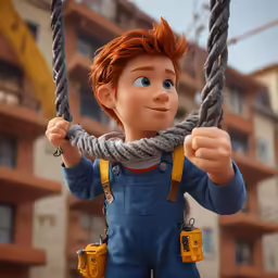 boy with red hair in blue overalls and safety gear, standing in the playground holding onto a rope