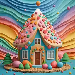 a colorful painting with sprinkles and confetti surrounding the house