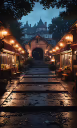 the town building has its lights on in the rain