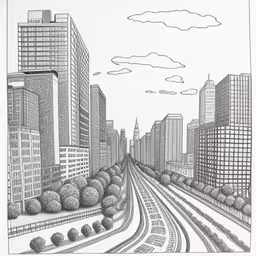 a drawing of train tracks passing through a city,an image of city scene with train tracks and skyscrapers,a black and white drawing of a city landscape,pencil drawing of a train track in the city,a drawing of a train track running through a city