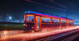 a red train car parked on the tracks with power lines in the background,the train is traveling on the tracks in a foggy night