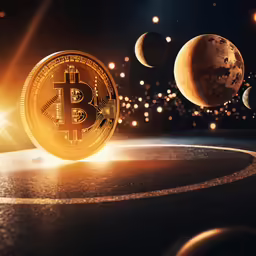 a bit coin sitting in the middle of a circle with space and planets around it