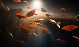 some fallen leaves are flying in the air