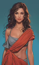 a young woman with an orange scarf on her waist