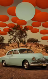 an old car parked in front of a tree and orange circles