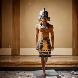 the man is in a skirt with his head in a mask