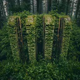 a bunch of green plants on some logs in the grass