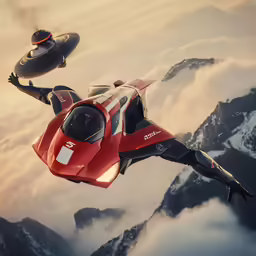 the red car is riding in the air with his legs extended