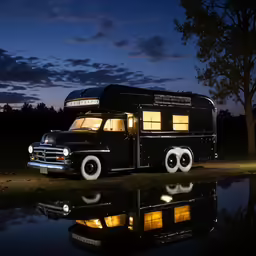 a large black bus with its lights on is parked