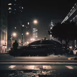 a dark city at night, with a car driving through