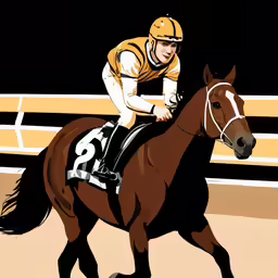 a jockey riding a brown horse through an arena