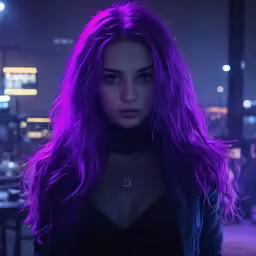 the young girl is wearing a purple wig