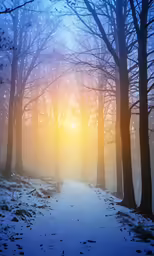 the sun rises through an eerie dark and misty forest