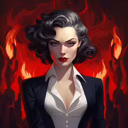 the girl in a suit is depicted with flames,the face of an animated character with black hair, wearing white and black
