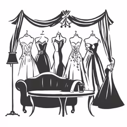 a drawing of a dress shop that includes gowns