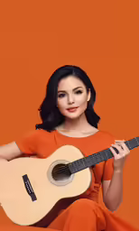 a woman sitting down with an acoustic guitar