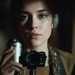 a woman with an old camera