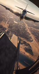 an airplane flying over a lake next to a airport