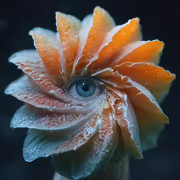 a flower with blue eyes looks up