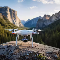 a white quadcopter is perched on top of a rock