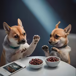 two small dogs are standing at a white table