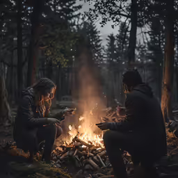 two people sitting by the fire looking at their cell phones
