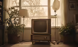 there is a television set next to a large window