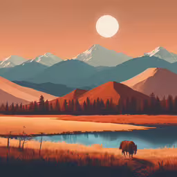 an image of a painting of a mountain lake,an oil painting of a bison with mountains in the background