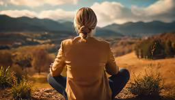 a person sitting on the ground in the mountains, doing yoga