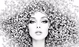woman with large curls in black and white photograph
