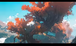 an animation image of a tree in the desert with clouds and mountains