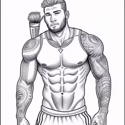 a man with tattoos holding a hair brush and wearing a shirt,a drawing of a man with a comb in his hand,a man holding a brush and paper drawing,a man in shorts and a tank top holding a bottle of juice,a drawing of a male athlete holding a drink and toothbrush
